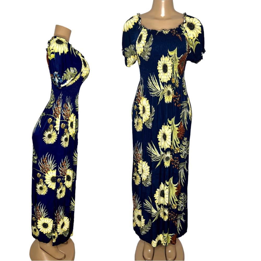 New Size M/L Navy Blue Floral Maxi Women Dress long Stretchy Comfy Long Dress